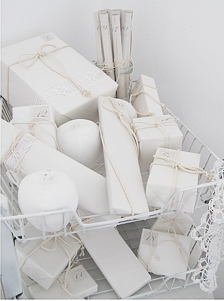 Gifts wrapped in white paper