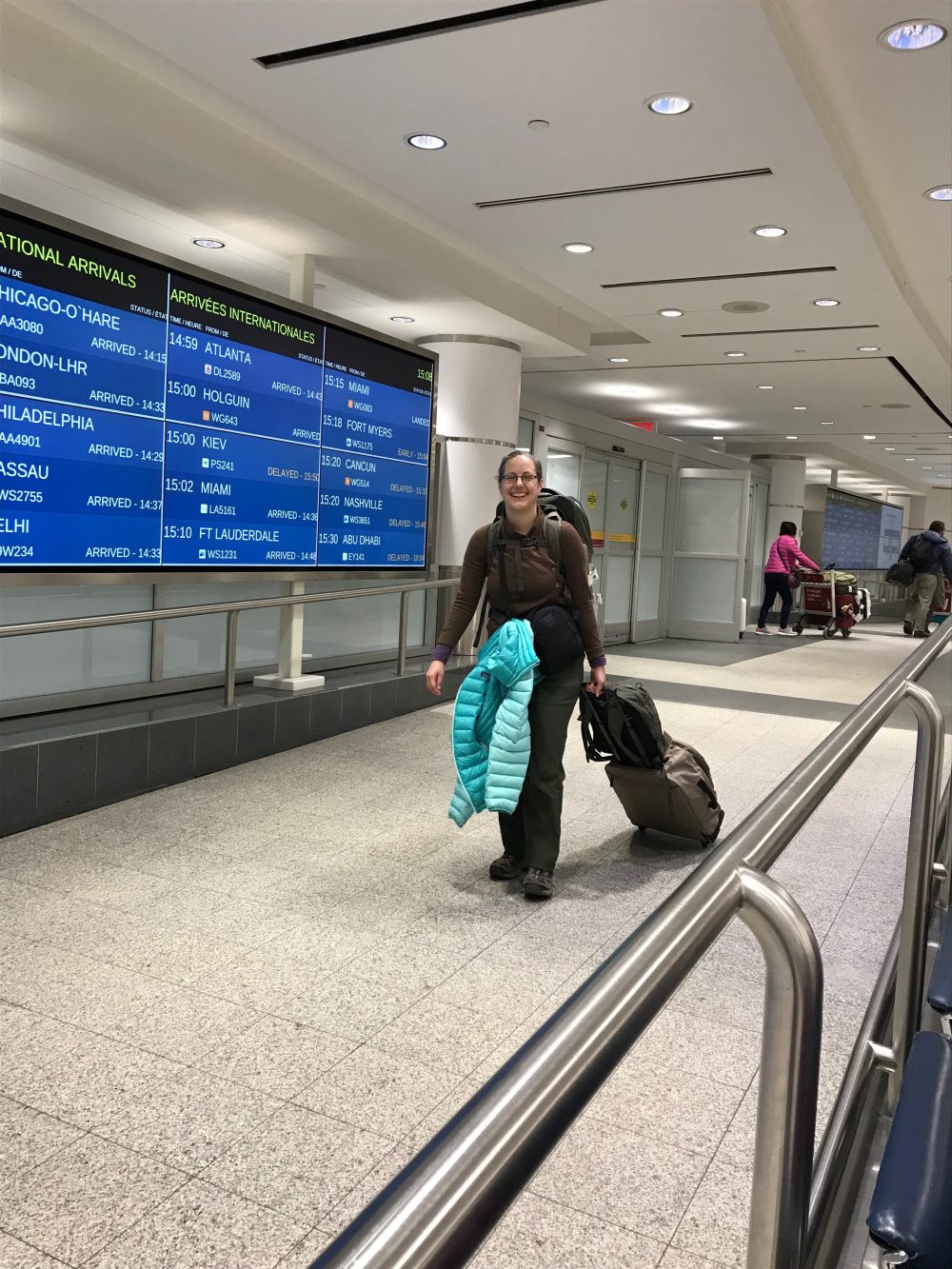 A photo showing Rev Cordelia arriving back home to Pearson Airport.